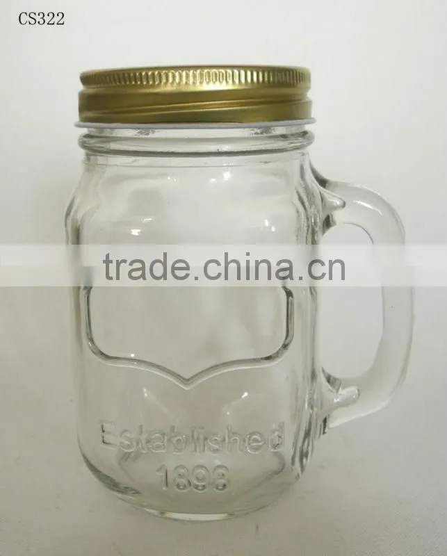 2016 wholesale cheap clear glass mason mug with handle and metal lid