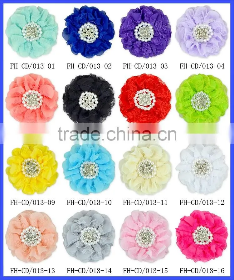 Red Chiffon Blossom Fabric Crystal Pearl Center Flowers