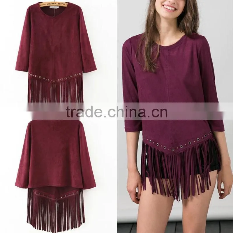 Trendy Faux Suede Retro Fringed Tassels Blouse Perforate Hem Shirt T-Shirt