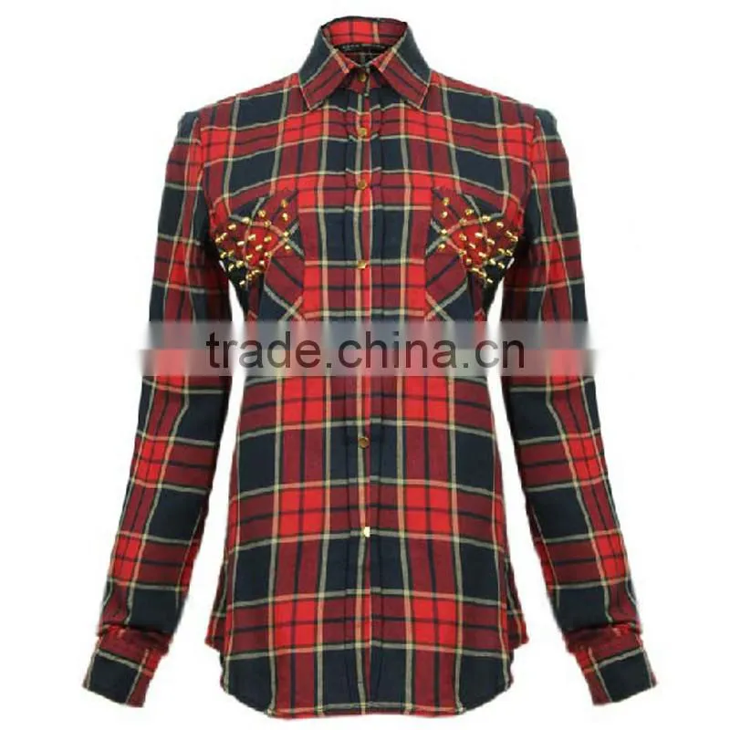 2016 plus size fashion christmas shirt for women ladies latest black and red plaid slim fit blouse