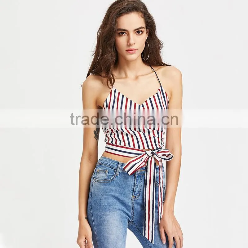 Bownot and stripe tank top, ladies fashion new design clothing 2017