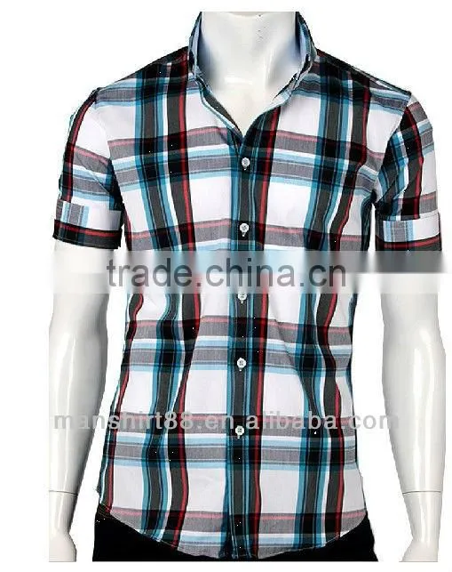 men slim fit basic short sleeve plaid casual shirt