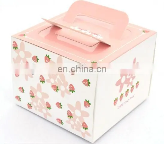 2015 foldable art paper pink color paper 4 inch cake box with handle