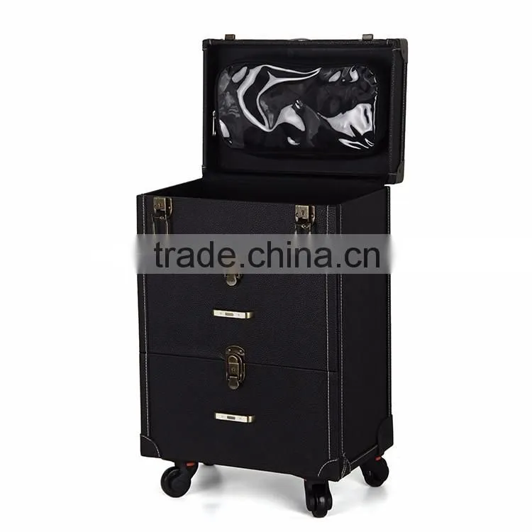 Professional Rolling Makeup Case 2 in1 Mutifunctional PVC Trolley Cosmetic Case With 360 Degree Wheel