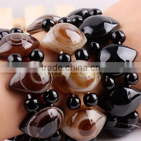 Black Agate Stone Gemstone Evil Eye Beads Stretchy Bracelet Bangle Wristband