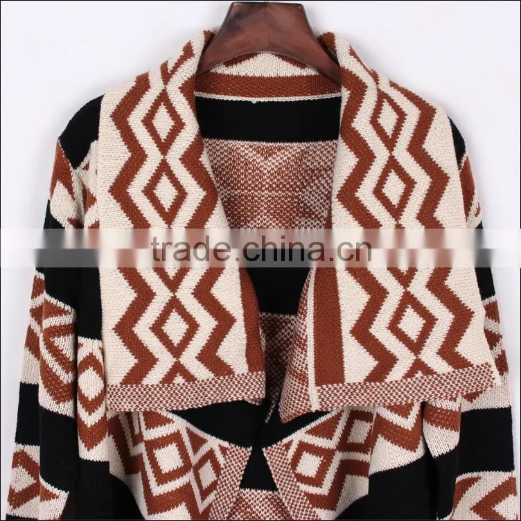 2014 the most latest high quality Glamorous European and American show cardigan geometric pattern jacquard long cape coat