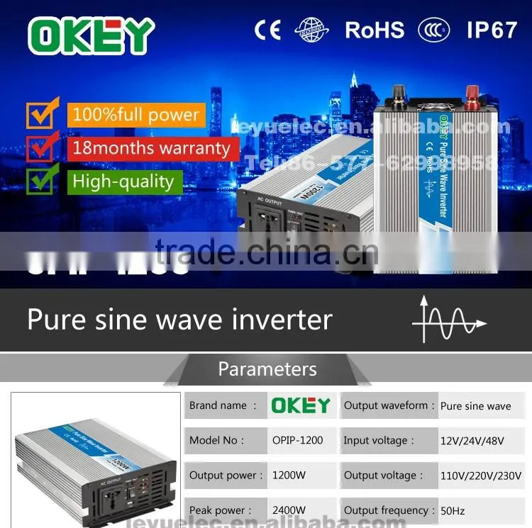 Pure sine wave power inverter 1200w CE RoHS approved dc 12v to ac 110v/220v with off grid solar power system