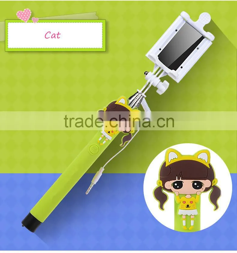 2015 Wholesale Lovely Cartoon Girl Design Portable Selfie Stick Wired Control