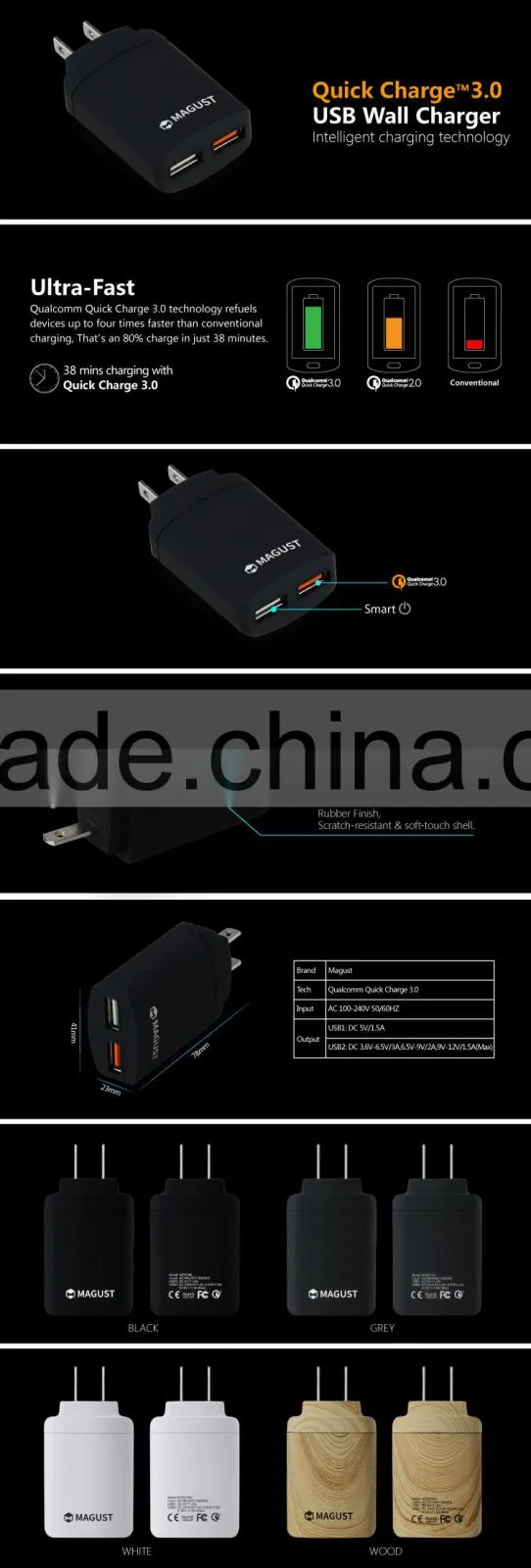 Quick Charge 3.0 Daul USB Wall Charger, USB Travel Charger, Travel Charger