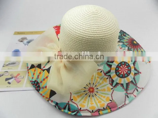 2015 made in china best quality lady white straw hat with black bands