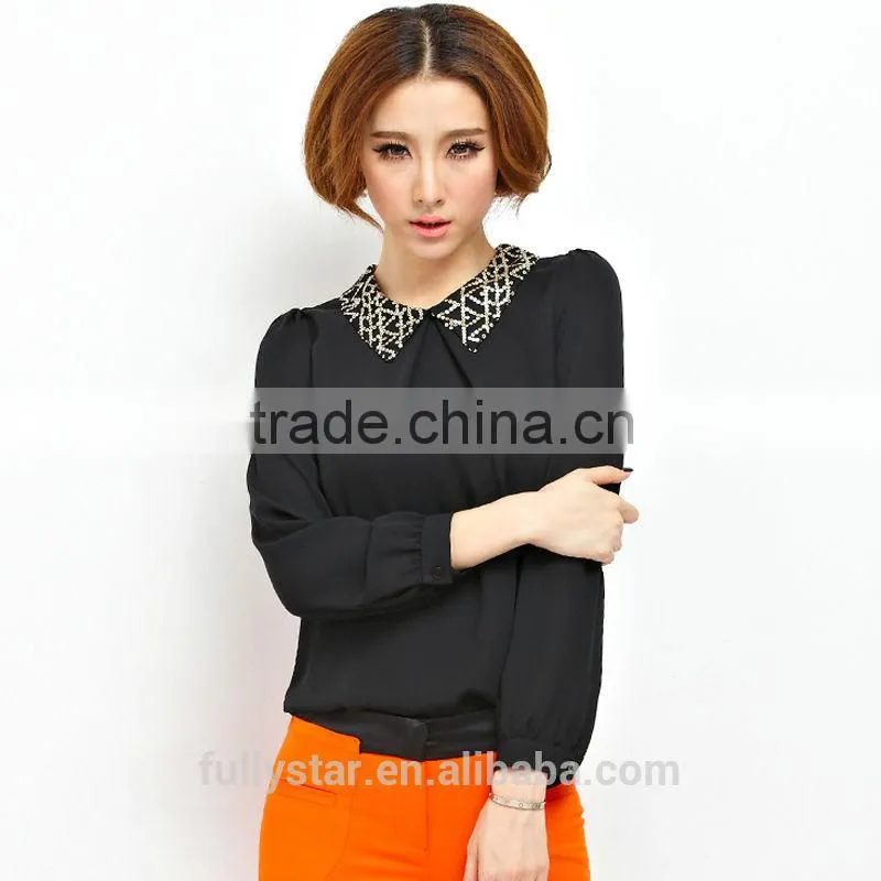 black long sleeve chiffon t shirts with collars
