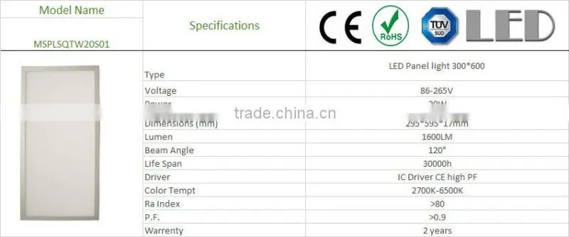 PANEL LIGHT 300*600 IC driver 20W LED LIGHT