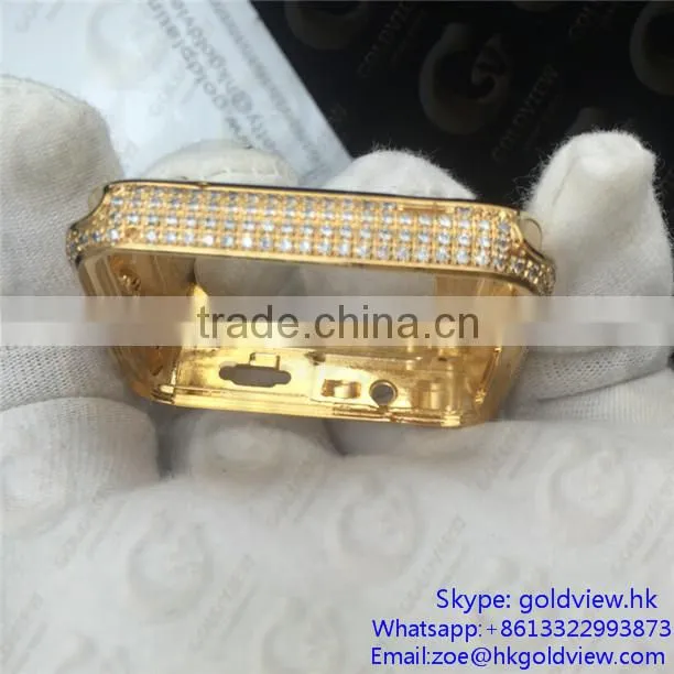 Newest hot selling, crystal steel metal case housing for apple watch 24k gold plated