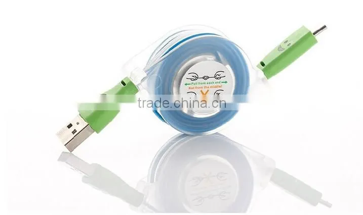 Glowing laughing face stretchable flat micro usb cable, USB to micro usb 5 pin for all smart phone