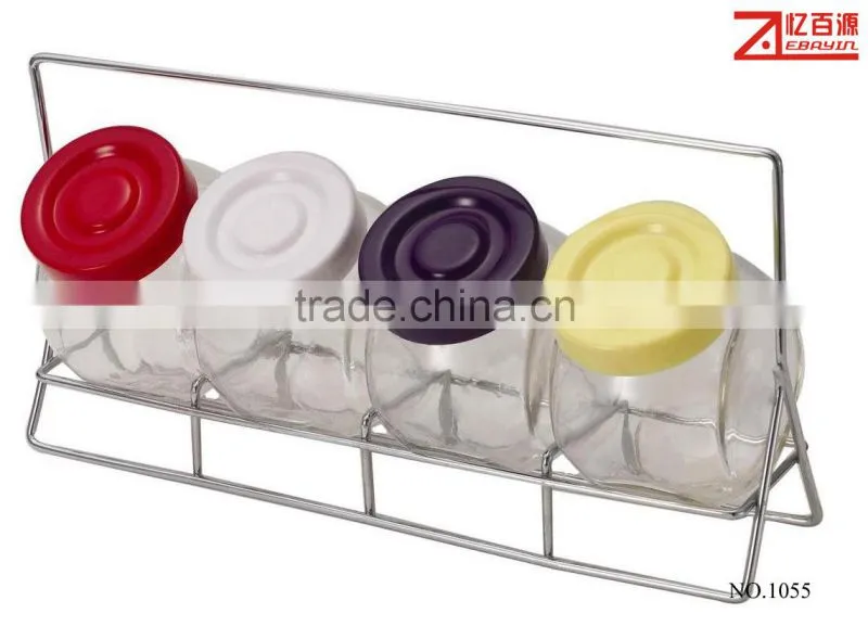 4pcs spice glass jar with wire chrome plated rack