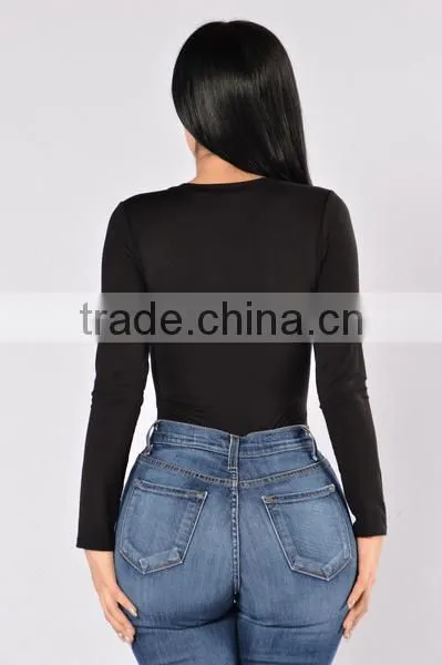 Most Popular Sexy Full Bodysuits 95% Rayon 5% Spandex Deep V Neckline Long Sleeve Sexy Bodysuits Women