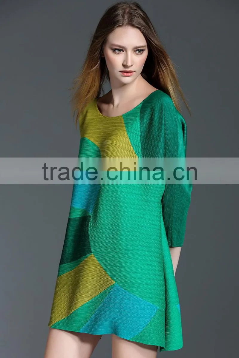 Gored bright color large size women plicated dresses wholesale