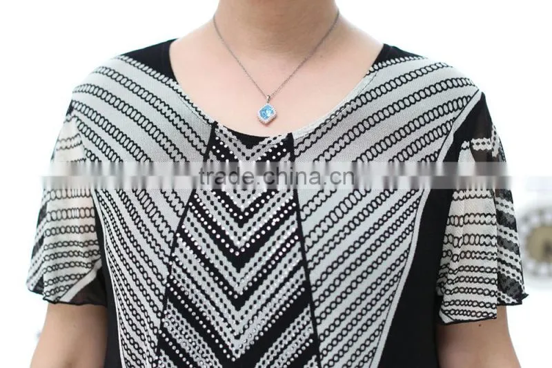 Middle aged ladies elegant beaded black and white printed short sleeve lace blouses