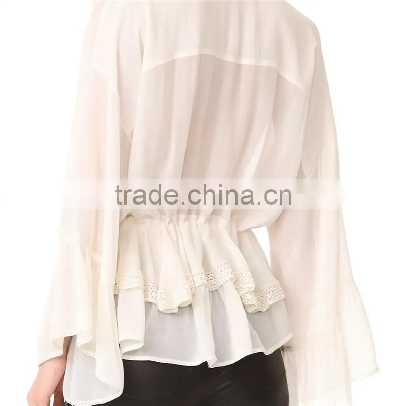 2017 OEM Lightweight Lace Trim Hem Wrapped Body Chiffon Blouse