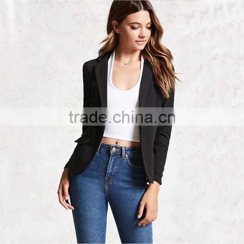 Business womens office notched lapels 3/4 sleeves single-button blazer jacket