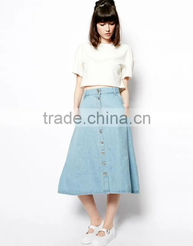 hot selling women jean skirt cotton a line midi skirt in denim