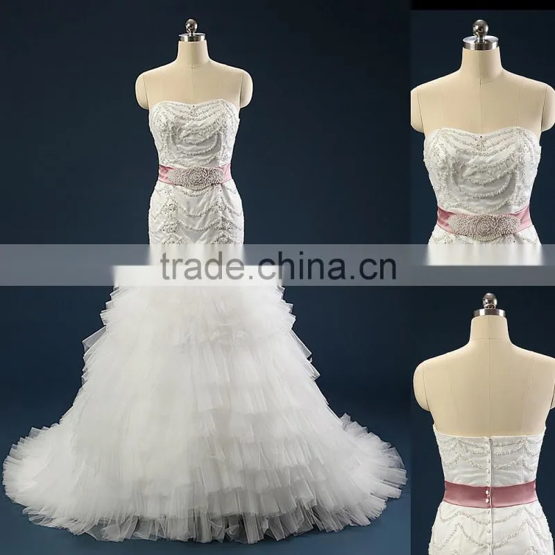 Sheath Strapless Court Train Lace-Up Chiffon Embroidery Lace Crystal Wedding Dress AS29302