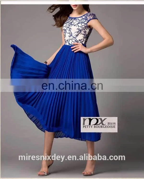 Women Emboridery Chiffon Dress with Short Sleeve