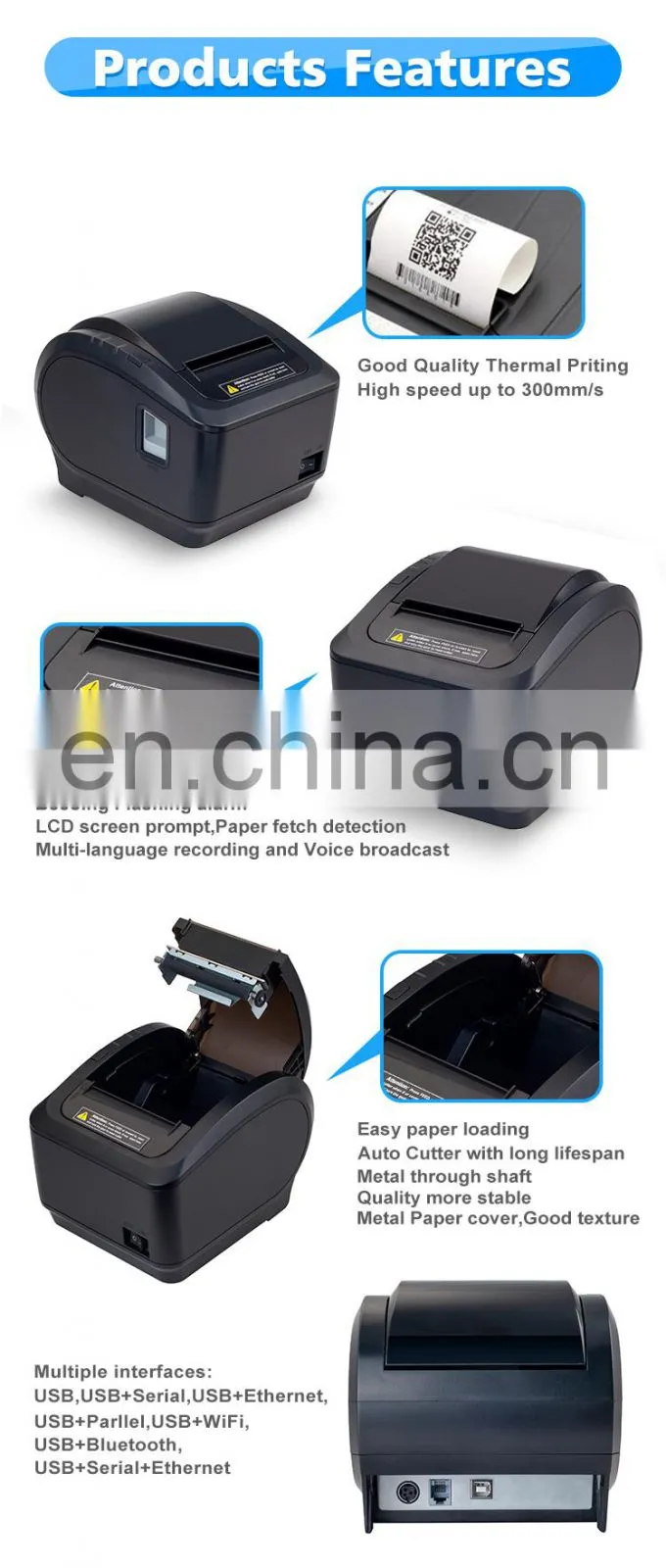 80mm POS Thermal Printer Receipt Printer Supermarket Machine 300mm/s High Speed