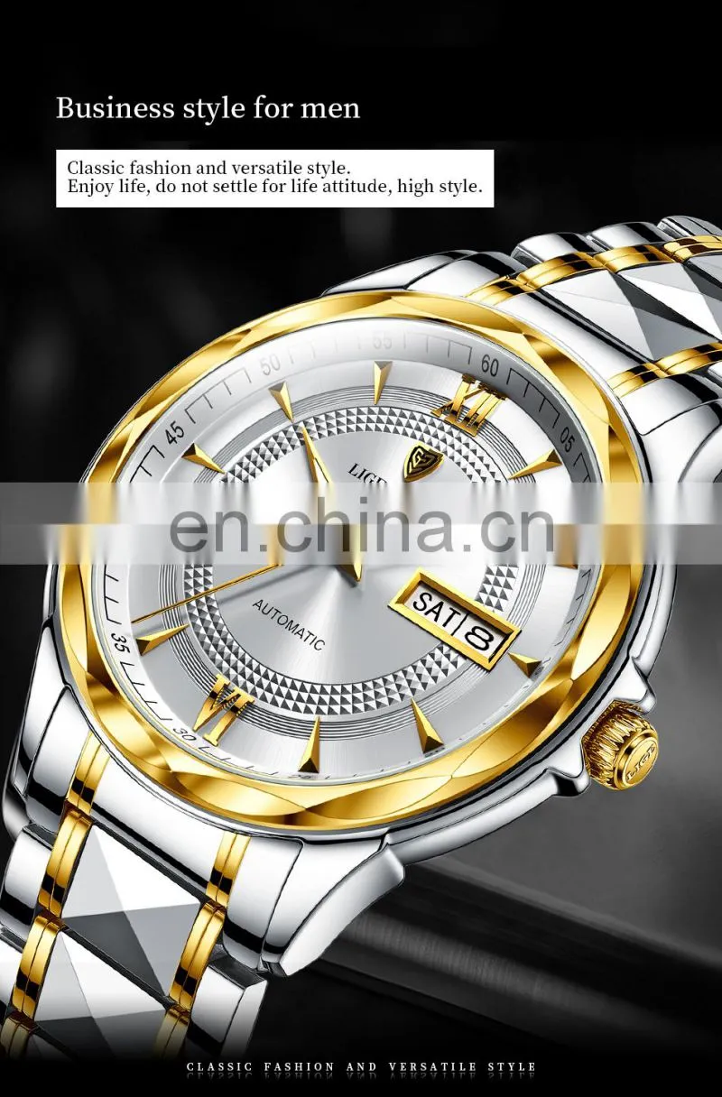 LIGE 6809 Mens Automatic Mechanical Watches 100m Waterproof Date Clock Diving Wristwatch Stainless Steel Watch