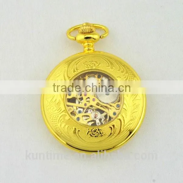 Golden watch fashion dressing reloj de bolsillo with chain