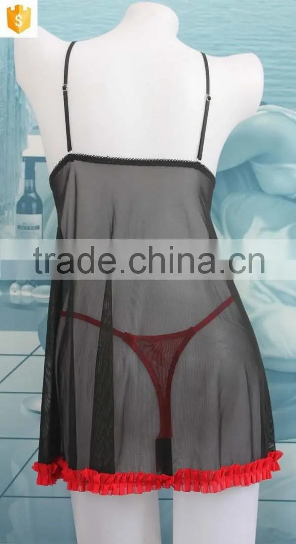 OEM Sexy open transparent black -red sleeping dress,babydoll lingerie