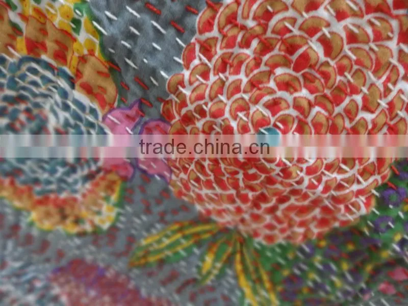 Tropical Kantha Handmade Quilt, Queen Size Reversible Kantha Bedding, Handstiched By Artisians of India, Hand Art Kantha Work