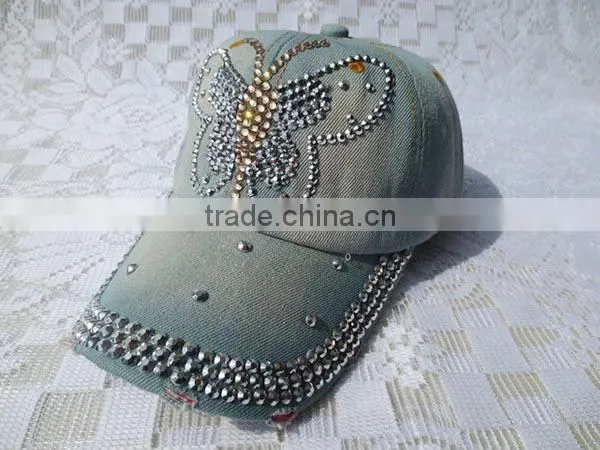Distressed Denim Baseball Cap With Diamond