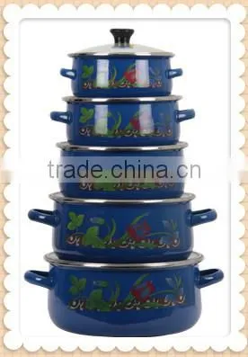 Full Decal Navy Blue Double Handle Enamel Cookware Set Kitchenware Enamel Pot 5 Pcs Stock Belly Pot With Glass Lid