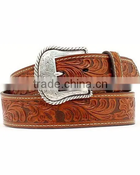 Western Men's Fancy Silver-tone Buckle Floral Embossed Leather Belt