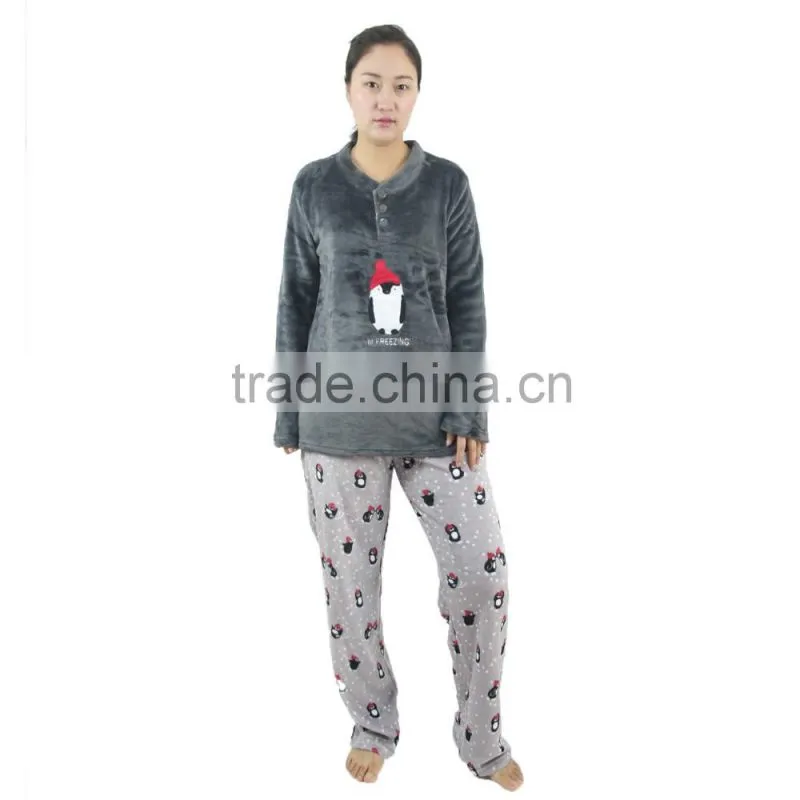 Kevince women polyester flannel pyjama set penguin knittedMOQ 1000sets OEM factory directly