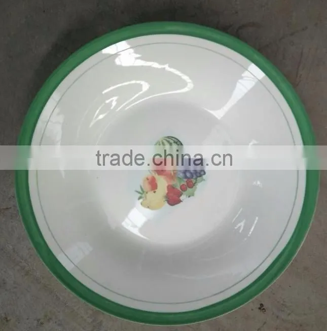 White popular porcelain fruit soup plate , cheap ceramic fruit decorsoup plate with green edge