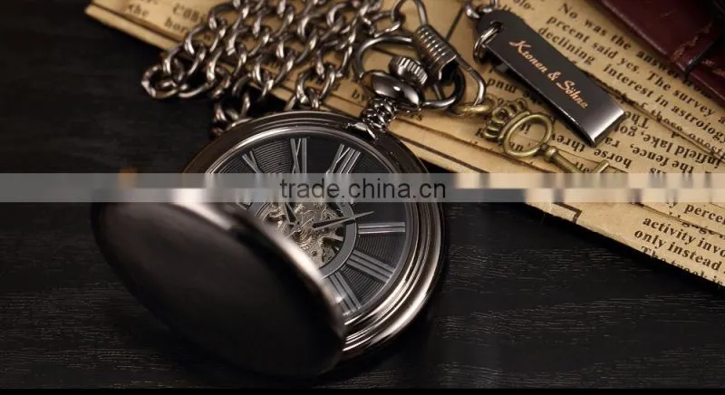 KS Antique Black Skeleton Dial Analog Hand Wind Men FOB Mechanical Pocket Watch