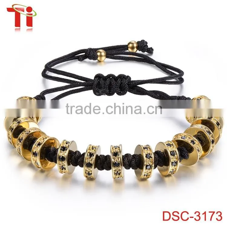 Fashion gold plated zircon stoppers macrame bracelet braided rope, 18k gold jewellery wholesale charm bracelet