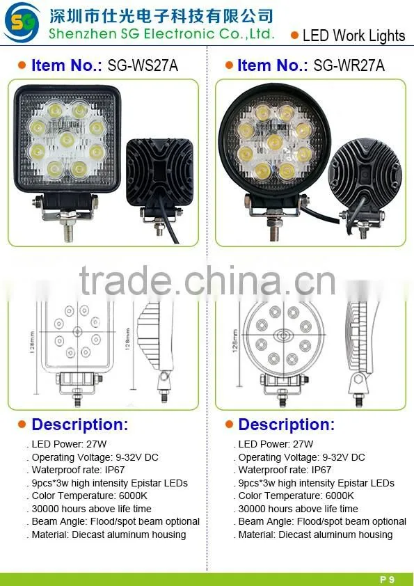 High quality round shape 12V waterproof 27w tractor led work light