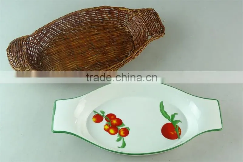 decal ceramic oval shape ceramic bakeware bake plate with basket mat for decoration and heat protection in stock