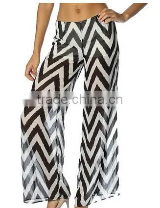 ladies pinkclubwear mid rise wide leg chevron print chiffon palazzo pants