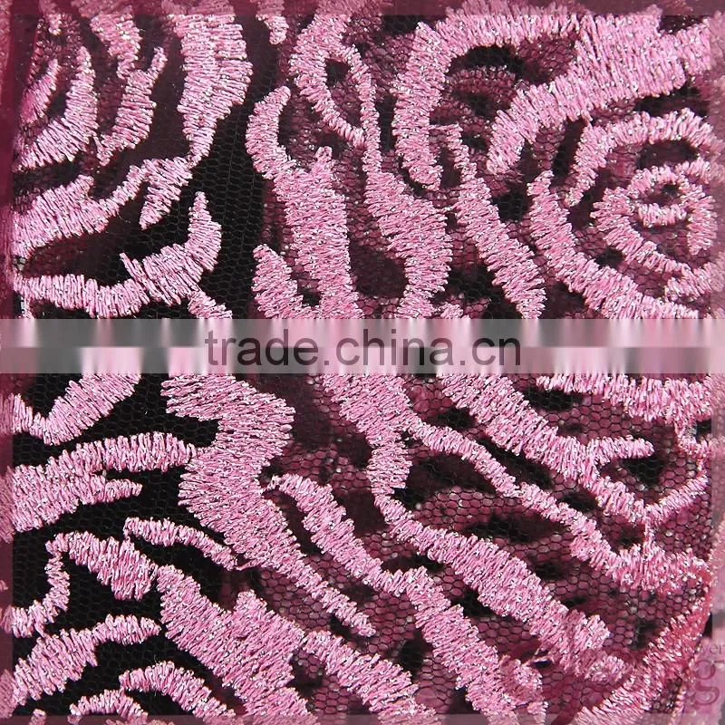 Pink roset embroidery lace fabric, silver metallic mesh lace embroidery