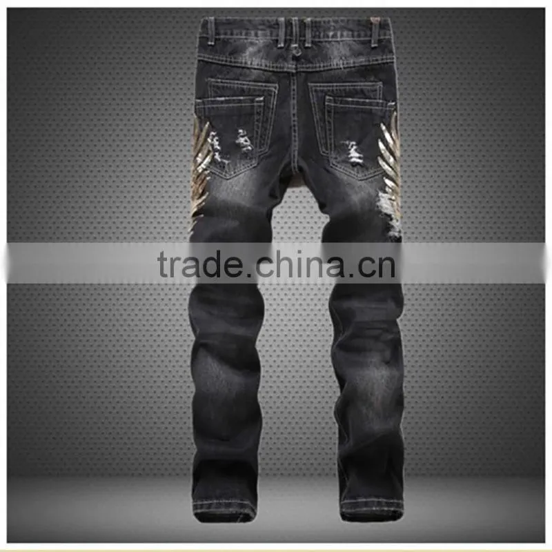 New Stytlish Men Sequin Gold Wings Slim Straight Trousers Ripped Frayed Jeans