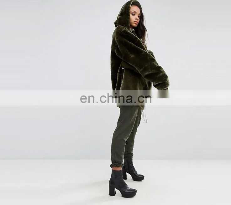 Garment in China Women Khaki Oversized Hoodie Coat In Faux Fur