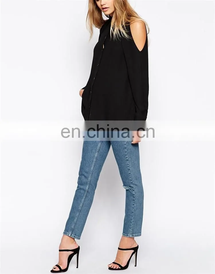 China supplier fashion blouses 2015 / Dongguan Cold Shoulder women blouse / Clothing manufacturers chiffon style blouse