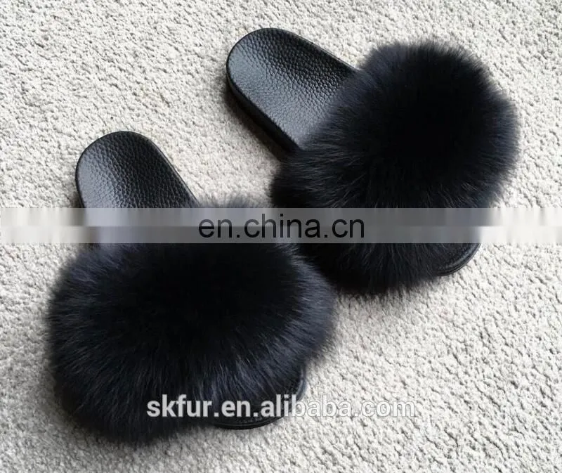 Factory wholesale fluffy and soft real fox fur slippers for women