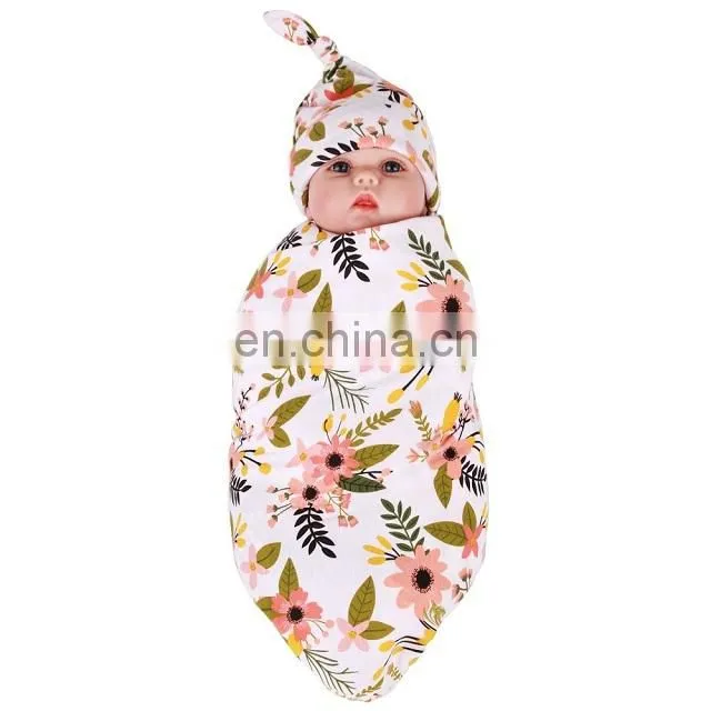 Newborn Infant Baby Cotton Floral Swaddle Blanket Hat With Receiving Blankets Set