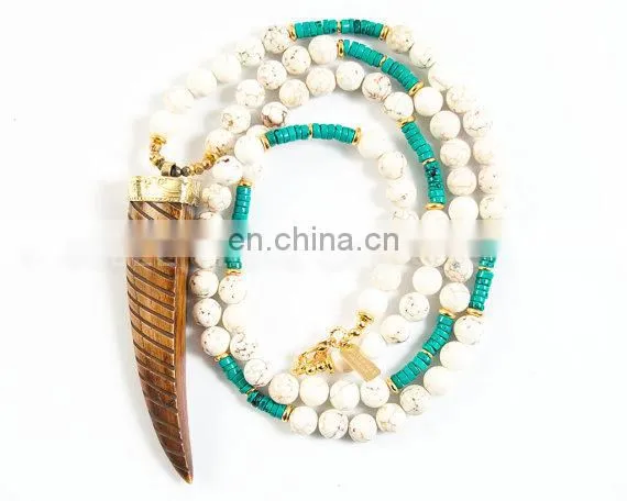 Firoz stone beads Horn pendant tribal boho necklace