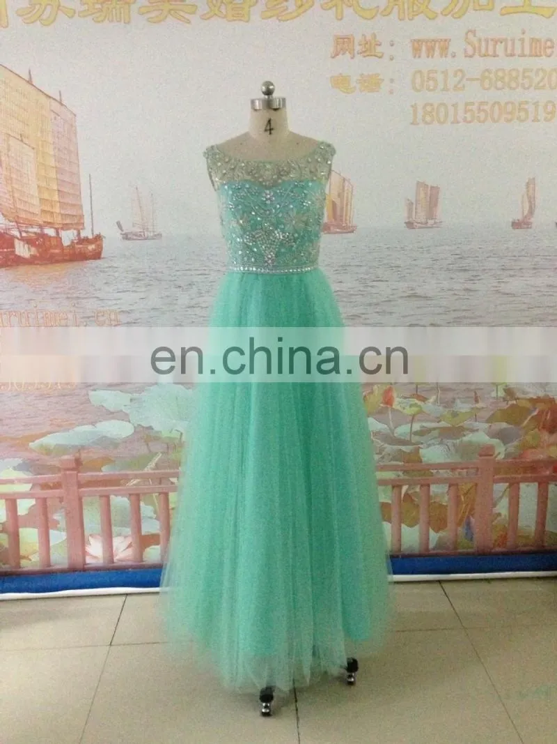 Mint Green Beaded Rhinestones Champagne Color Tulle Long Floor Length High Neck Cap Sleeve Backless Evening Dresses Prom Dress